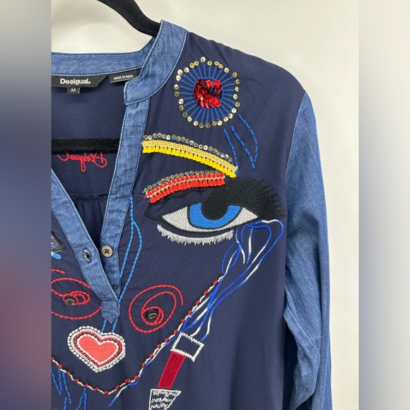 Desigual Made In India Embroidered Evil Eye Long Sleeve Top - Picture 2 of 8
